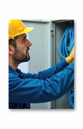 Electrician in yellow hard hat, blue uniform works on electrical panel, handling blue wires. Focus on safety, skilled labor. Wiring, energy, voltage, power, pro.