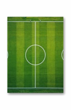 Aerial view of empty football field. Green grass texture with white lines marking pitch. Top down view of soccer field. Soccer game playground for sport. Competition field for match. Championship