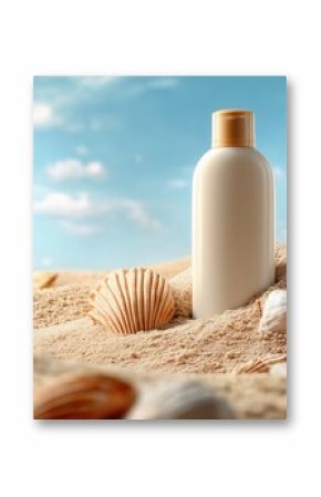 A close-up of a sunscreen bottle on sandy beach with seashells and a clear blue sky in the background, evoking a sense of summer relaxation and tropical vacation.