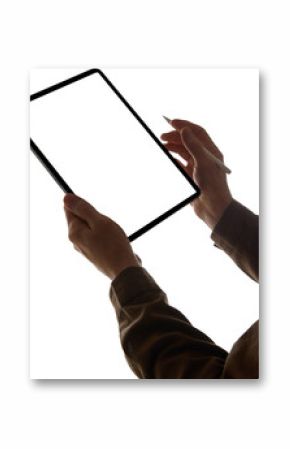 Male hands holding tablet and drawing with stylus pen, close up. Symbolizing creativity, digital art, and modern productivity tools. Mockup for ad, text, app demos, digital interface design concepts.