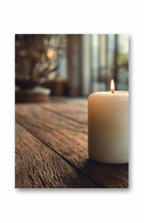 Single white candle on wooden table creating a cozy and peaceful atmosphere