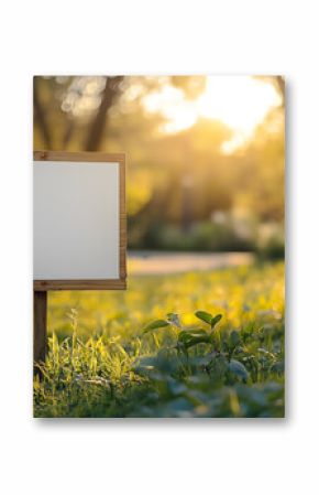 Blank yard sign on green grass sunny day. White empty sign for marketing message. Blank yard sign mockup near park walking path. Advertisement, promotion outdoor.