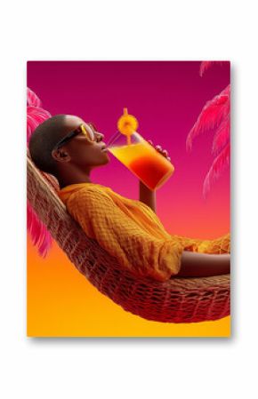Woman relaxing in colorful hammock while sipping a tropical drink. Vibrant pink and orange sunset backdrop with palm trees. Concept of leisure, summer vacation, travel industry