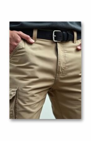 Beige cargo pants with black belt, multiple pockets. Classic khaki trousers with modern design. Casual fashion apparel for men. Workwear utility style, hard-wearing comfort, trendy outfit.