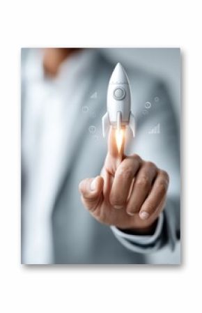 Businessman Launching Virtual Rocket with Financial Growth Icons and Upward Graph in Modern Office Digital Transformation and Market Disruption Concept
