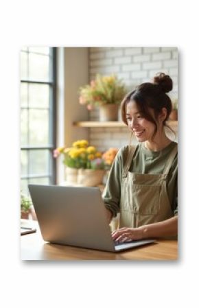 Young female florist using laptop at flower shop counter. Smiling woman browsing online, taking orders, managing e-business. Small business owner at workplace. Modern tech, retail, small business
