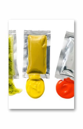 Sauce sachet packets with condiments isolated on transparent or white background, png