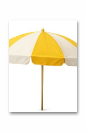 Open beach umbrella with yellow and white alternating panels, offering protection from the sun, isolated on a transparent background