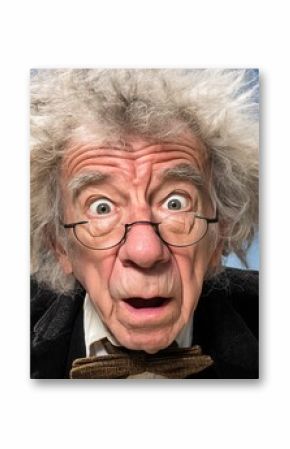 Surprised elderly man with wild gray hair and round glasses expressing shock or amazement