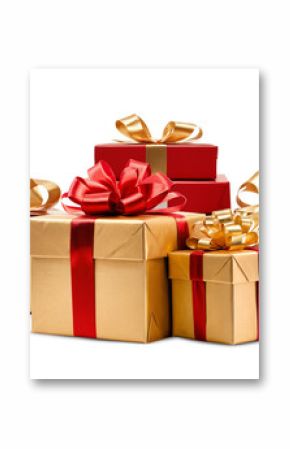 christmas presents as gift boxes in red and golden color, shiny glossy, isolated on white