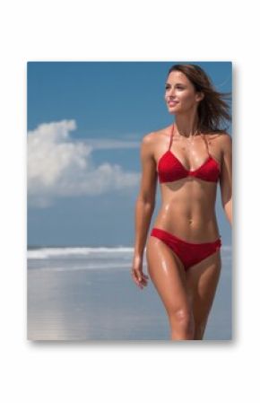 Young woman wearing red bikini walking on the beach
