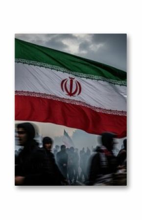Large iranian flag waving against a cloudy sky with blurred crowd