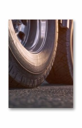 The close-up view of truck tires on asphalt road during sunset.