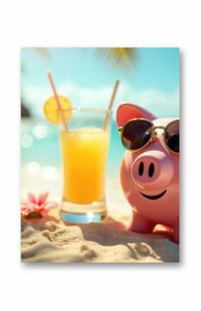 Piggy bank wearing sunglasses relaxes on tropical beach with cocktail. Saving money for vacation at summer resort. Concept of finance planning, travel budget, economic prosperity.