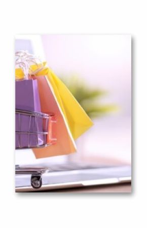The shopping cart filled with colorful bags on a digital laptop background.