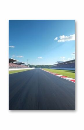 Race track with clear blue sky. Spectators in grandstands. Racing competition. Motorsports event, circuit asphalt. Motorsport, cars, victory. High speed. Dramatic view on competition.