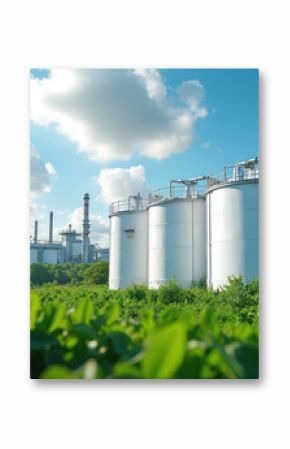 Industrial hydrogen production plant with white tanks set amongst green foliage under vibrant sky. Renewable energy, eco tech, sustainable environment, clean gas production. Modern infrastructure,