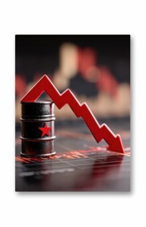 A symbolic representation of falling oil prices, showing a red arrow decreasing across a stock market style graph, with a barrel marked with a red star.