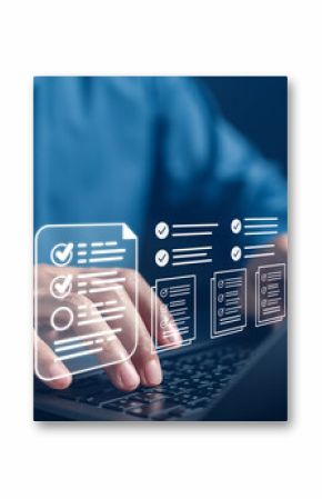 Digital document checklist and online survey form concept. User interacting with digital forms on a laptop, showing task approval and checklist workflow for productivity and data submission systems.