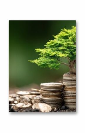 Tree Flourishes From Soil of Coins Representing Financial Growth and Literacy in a Symbolic Outdoor Setting