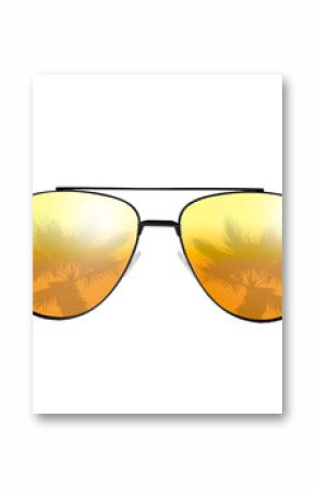 Bright sunglasses with reflection of palm on lenses against white background