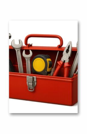 Metal toolbox displaying professional-grade hand tools - hammer, wrenches, pliers, screwdriver, tape measure - against transparent backdrop