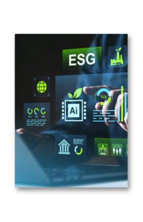 Sustainable technology and ESG data interface concept with futuristic digital graphics and environmental analytics on screen in business setting.