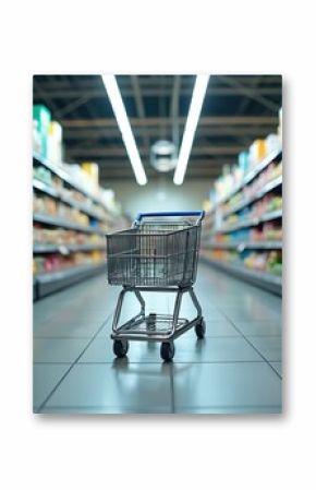 Supermarket aisle with shopping cart centered between shelves stocked with merchandise. Clean, well-lit environment variety of food products. Scene captures everyday experience of grocery shopping,