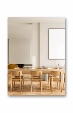 Bright minimalist dining room interior with wooden furniture and large blank poster frame on white wall for artwork or product presentation mockup. 3D Rendering