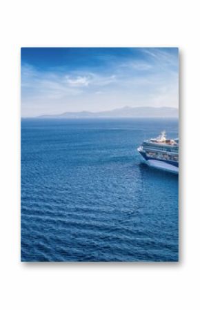 Panoramic aerial rear view of a cruise ship sailing over blue ocean with copy space as a banner for cruise travel