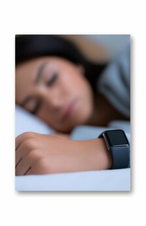 A woman wearing a smartwatch sleeps peacefully in bed, highlighting concepts of sleep tracking, health monitoring, and wellness technology. 