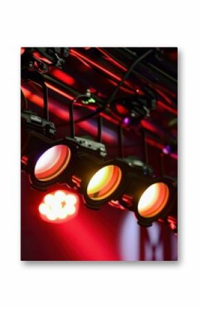 Professional lighting equipment illuminating a stage, creating a vibrant atmosphere for a show or concert production