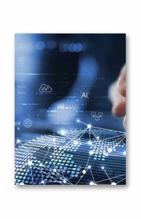 Data analytics, AI and database management technology with global internet network connection. Connecting with cloud server and data center, technology background. data science and engineering
