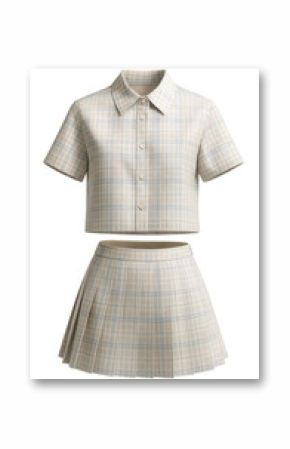 Short-sleeve boxy shirt and pleated mini skirt twinset in checked poplin