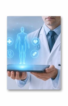 Medical doctor using digital technology and hologram to analyze human health data.