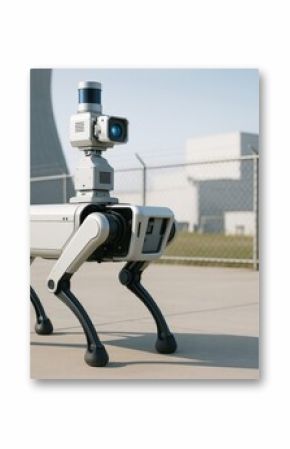 Robot dog with camera sensor patrols nuclear facility under clear sky near radiation warning sign and cooling tower for science surveillance use. Ai generative