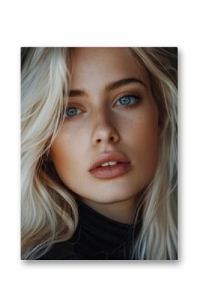 Studio portrait of beautiful young blonde woman with blue eyes and long hair posing on a dark background
