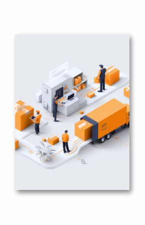 Isometric view showcases logistics. Orange boxes, workers, truck, symbolizing delivery, shipping, process, automation, efficiency, commerce, and ecommerce.