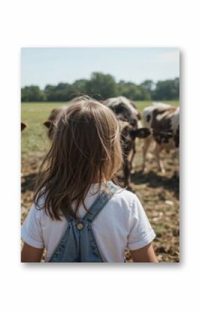 Back view of a joyful kid observing farm animals and cattle on a sustainable agriculture site