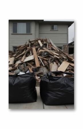 Large pile of construction debris sits on suburban driveway. Broken wood, timber, building materials mixed with two large black rubbish bags filled with rubbish. Homes in background suggest
