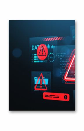Cybersecurity alert interface with hand interacting with digital warning symbols and data threat indicators on futuristic screen concept.