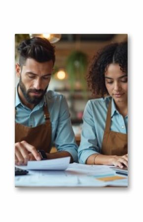 Two young cafe owners, African American woman, man, collaborate on bookkeeping. Analyze finances, review paperwork, use laptop, calculator to track expenses, revenue for small business startup.