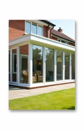 Modern white UPVC conservatory extends house with glass walls, doors, offering patio garden views. Sunproof, waterproof structure enhances living space. Features wicker chairs, table for outdoor