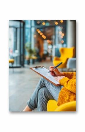 Woman filling survey form while sitting on yellow chair in modern office lobby
