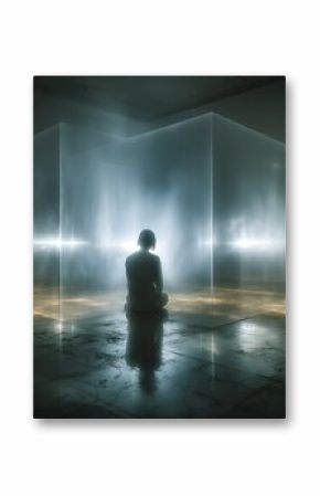 Limitation idea: someone trapped behind transparent walls blocking creativity and promise, lit dramatically.