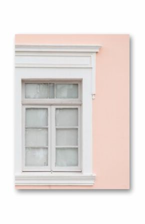 Close-up of the historic facade of a pink building showcasing classic architecture