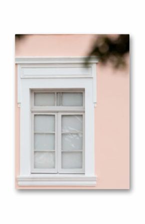 Close-up of the historic facade of a pink building showcasing classic architecture
