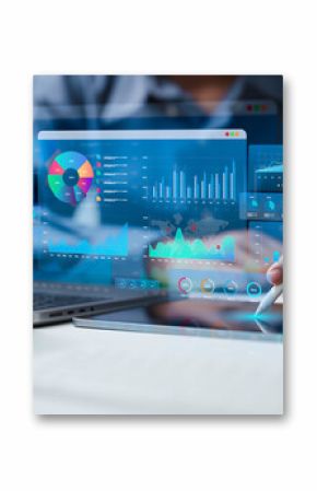 An Analyst uses a computer and dashboard for data business analysis and Data Management System with KPI to report. Database for technology finance, operations, sales, marketing and SEO