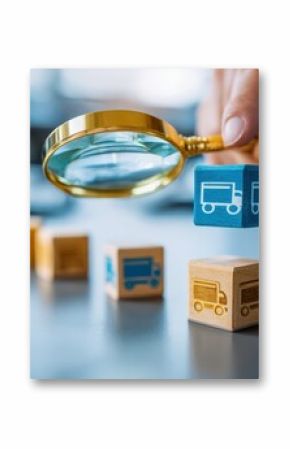 Logistics and Supply Chain Examination: Hand with Magnifying Glass Inspecting Truck Icon on Wooden Cube