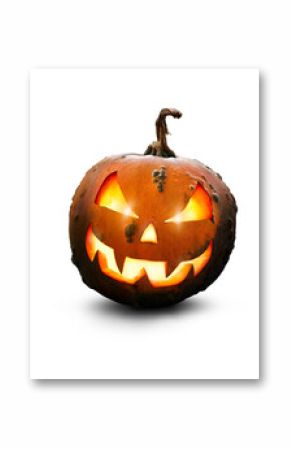 A lit green and orange spooky halloween pumpkin, Jack O Lantern with evil face and eyes isolated against a transparent background